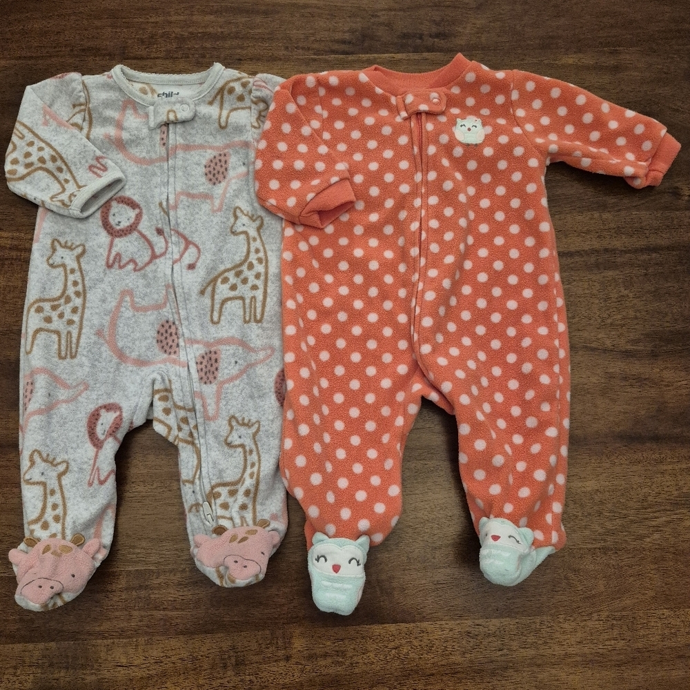 Carters Baby Girl's Pink Animal Fleece Sleepers Size 0-3M